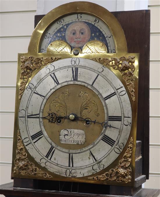 A George III oak and marquetry longcase clock, by Benson, Whitehaven (hood lacking), with weights H.197cm